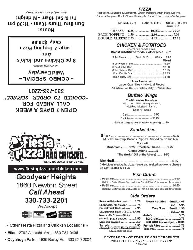 Fiesta Pizza and Chicken Akron Ohio Newton St printmenu